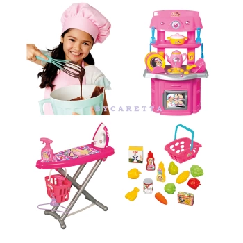 Barbie Şef Mutfak Set + Barbie Ütü Seti + 13 Parça Market Sepeti Evcilik Seti