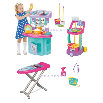 Frozen Mutfak Seti + Frozen Ütü Seti ve Frozen Temizlik Seti Arabası Evcilik Seti