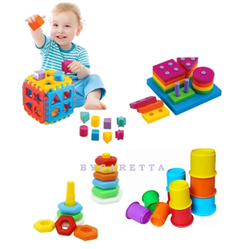 Geometrik Şekiller Bulmaca + Bultak Puzzle + Sevimli Halkalar + Bardak Kule Eğitici Set