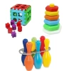 Fileli Eğitici Bultak Puzzle Küp + Fileli Eğitici Renkli Altıgen Halkalar + Bowling Set Eğitici Set