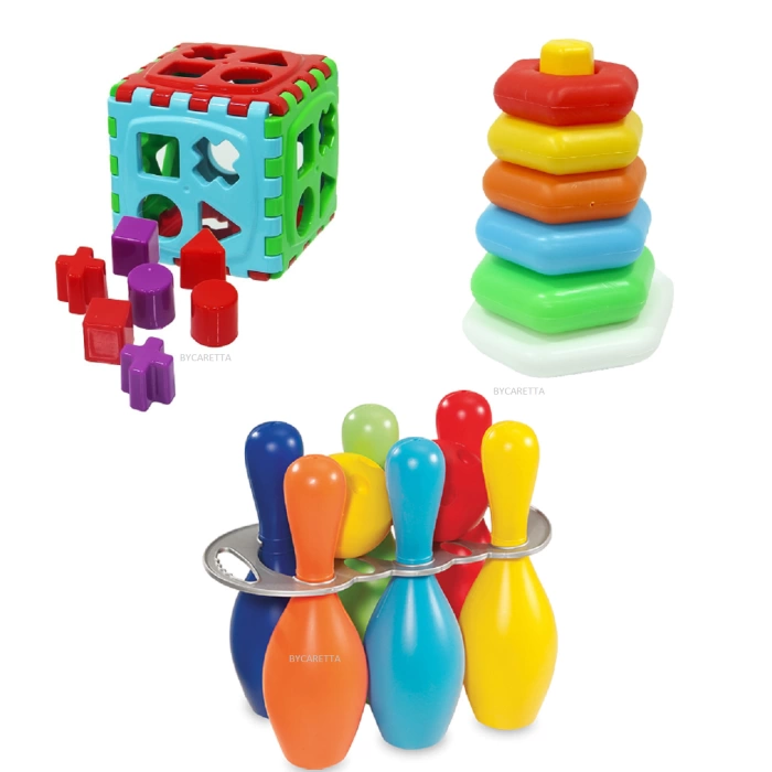 Fileli Eğitici Bultak Puzzle Küp + Fileli Eğitici Renkli Altıgen Halkalar + Bowling Set Eğitici Set