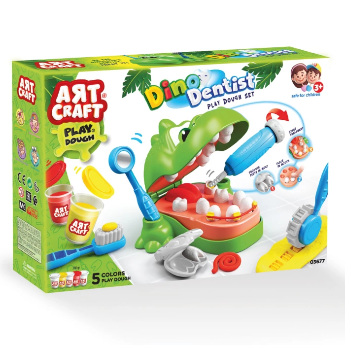 Dinozor Dişçi Art Craft Oyun Hamuru + Art Craft Oyun Kumu Ev Yapım Seti Eğitici Zeka Geliştirici Set