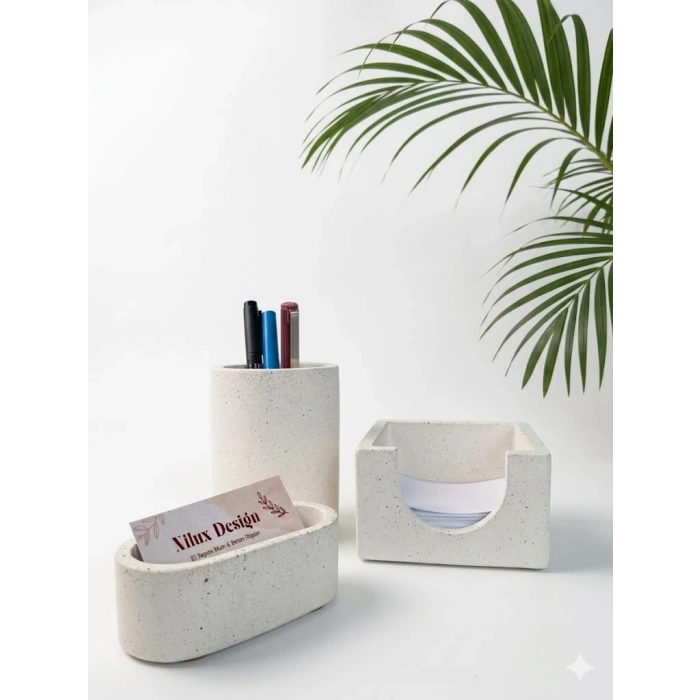 Modern El Yapımı 4lü Beton Masaüstü Düzenleyici Seti - Ofis & Çalışma Masası Organizer Set