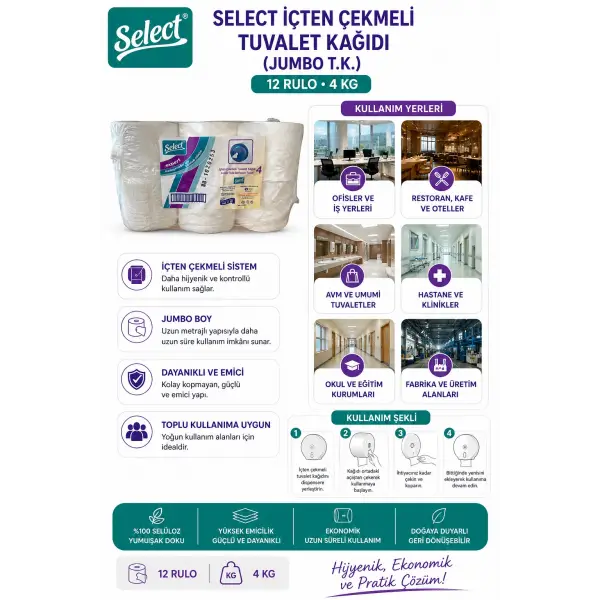 Select İçten Çekmeli Tuvalet Kağıdı (Jumbo T.K.) 12 Rulo 4 Kg