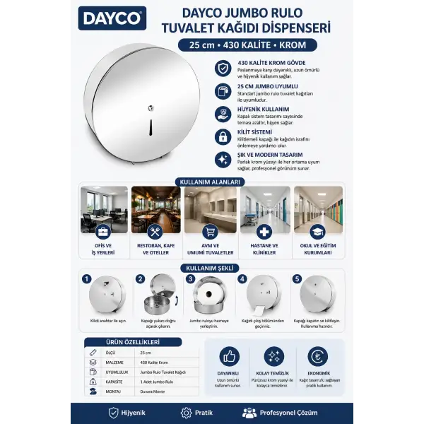 Dayco Jumbo Rulo Tuvalet Kağıdı Dispenseri 25 cm 430 Kalite Krom