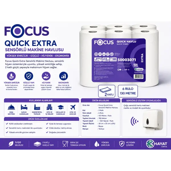 Focus Quick Extra Sensörlü Makine Havlusu 6’lı 130 Mt