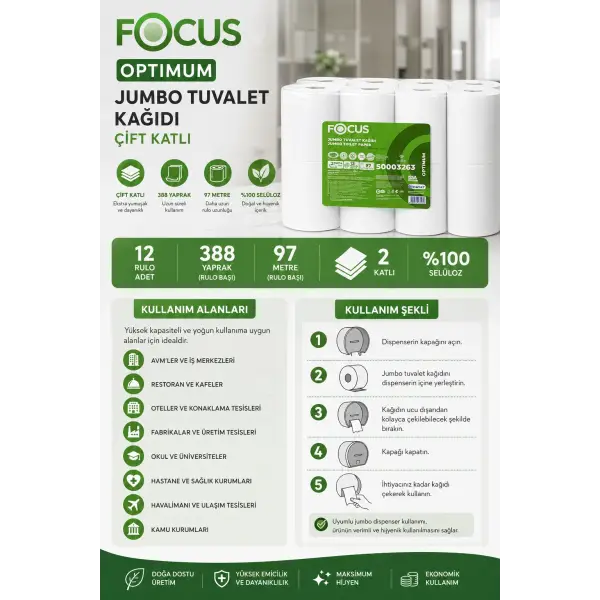 Focus Optimum Jumbo Tuvalet Kağıdı Çift Katlı 388 Yaprak 97 m 12 Adet