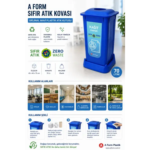 A FORM Sıfır Atık Kovası Orijinal Mavi Plastik Atık Kutusu 45x40x75 cm 70 Lt