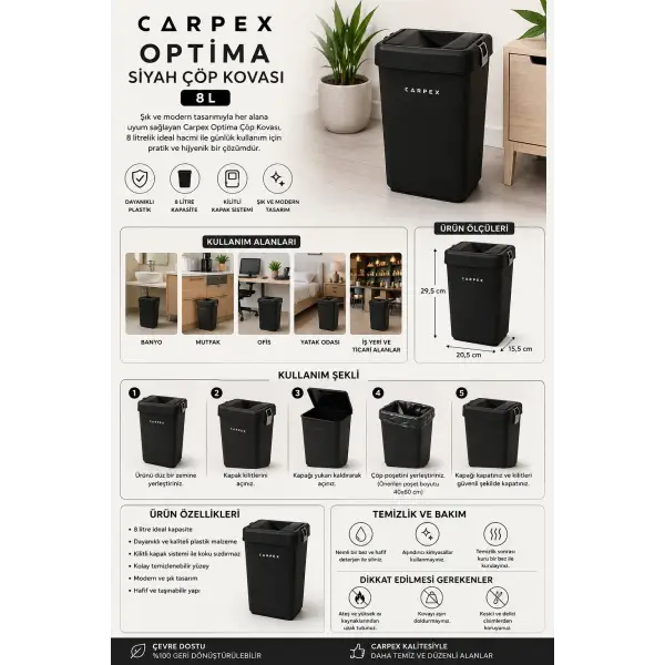 Carpex Optima Siyah Çöp Kovası 8 L