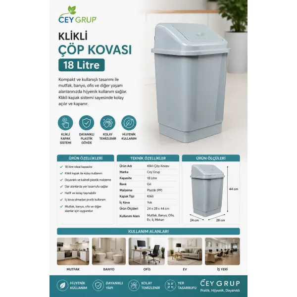 Cey Grup Klikli Gri Çöp Kovası 18 L Ölçüleri 24*28*44 cm
