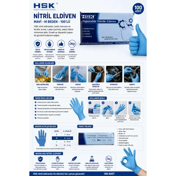 HSK Mavi Nitril Eldiven M Beden 100lü