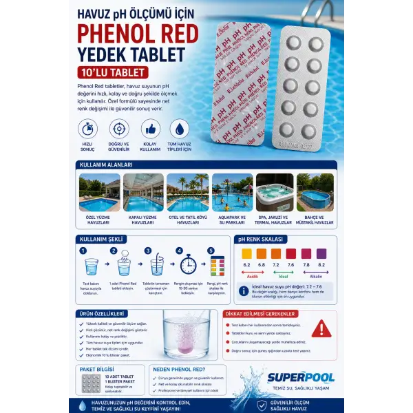 Havuz Phenol Red pH Ölçümü İçin Yedek 10lu Tablet
