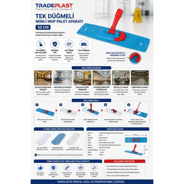 Trade Plast Tek Düğmeli Nemli Mop Palet Aparatı 50 Cm