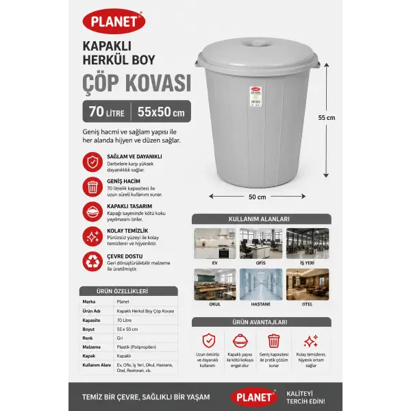 Planet Kapaklı Herkül Boy Gri Çöp Kovası 70 L 55x50 cm