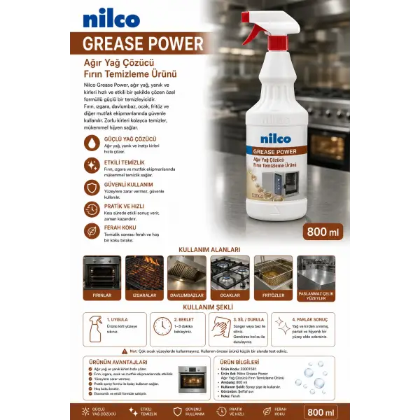 Nilco 32001581 Grease Power Ağır Yağ Çözücü Fırın Temizleme Ürünü 800 ml