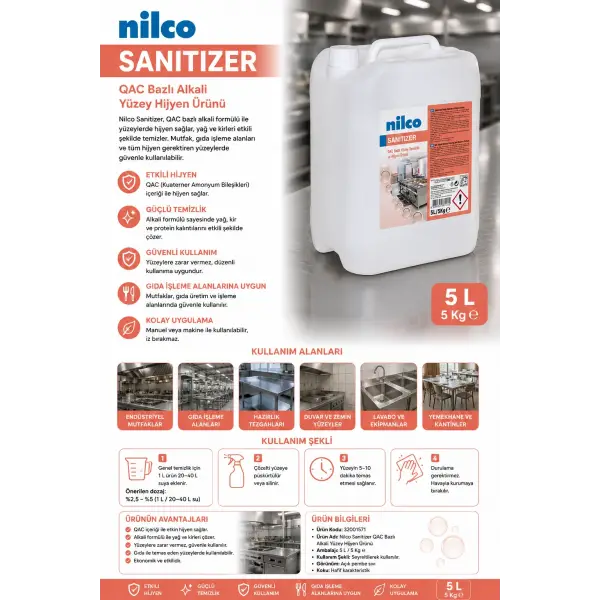 Nilco 32001571 Sanitizer Qac Bazlı Alkali Yüzey Hijyen Ürünü 5 L