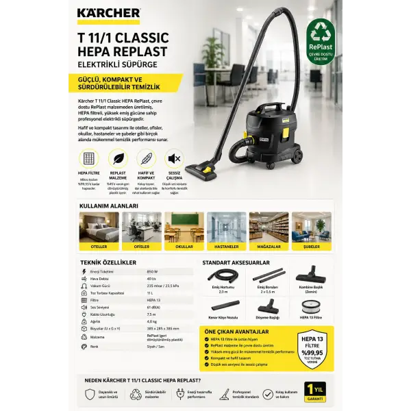 Karcher T 11/1 Classic HEPA RePlast Elektrikli Süpürge Siyah