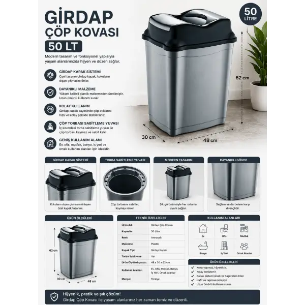Antrasait Girdap Çöp Kovası 50 lt. 48x30x62 cm