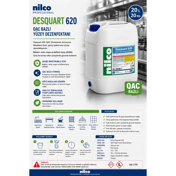 Nilco Desquart 620 20 lt / 20 kg (Qac Bazlı Yüzey Dezenfektanı)