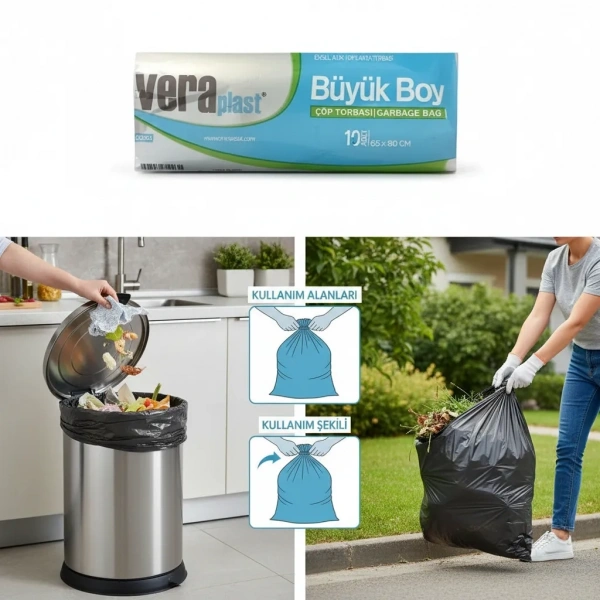 Vera Plast 65*80 Büyük Boy Çöp Poşeti siyah 10lu Koli içi 50 Rulo