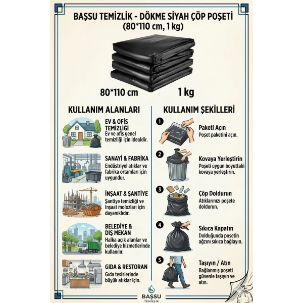 Başsu Temizlik Dökme Siyah Çöp Poşeti 80*110 cm 1 kg