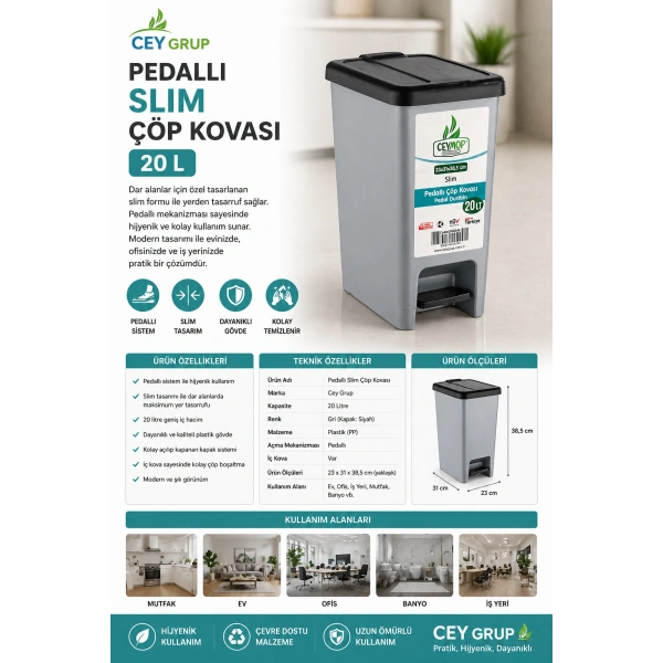 Cey Grup Pedallı Slim Gri Çöp Kovası 20 L