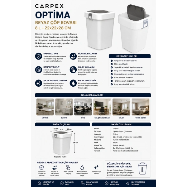 Carpex Optima Beyaz Çöp Kovası 8 L 22x22x28 cm