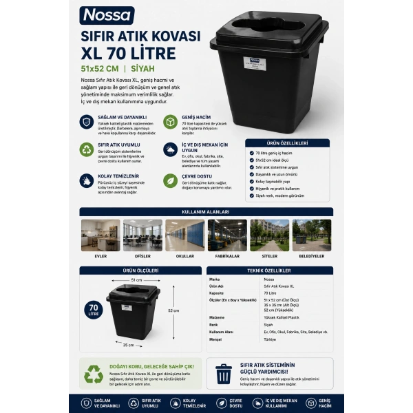 Nossa Siyah Sıfır Atık Kovası XL 51x52 cm 70 Lt