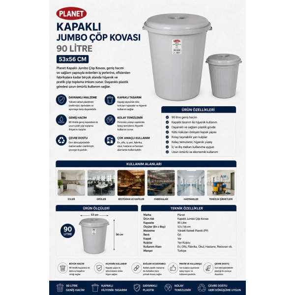 Planet Kapaklı Jumbo Boy Gri Çöp Kovası 90 L 53x56 cm
