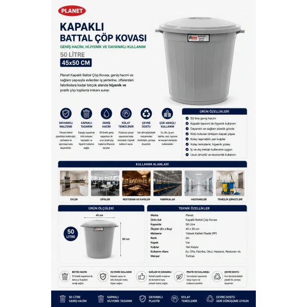 Planet Kapaklı Battal Boy Gri Çöp Kovası 50 L 45x50 cm