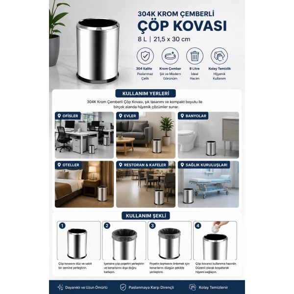 304K Krom Çemberli Çöp Kovası 8 L 21,5x30 cm