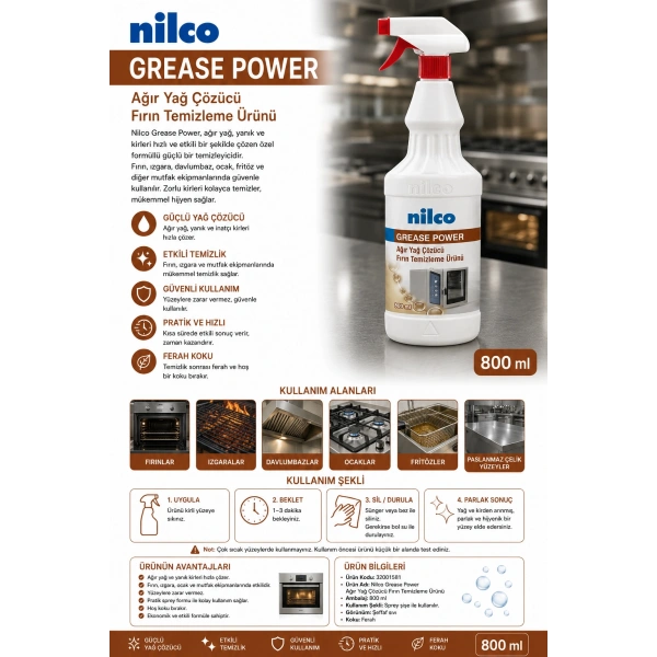 Nilco 32001581 Grease Power Ağır Yağ Çözücü Fırın Temizleme Ürünü 800 ml
