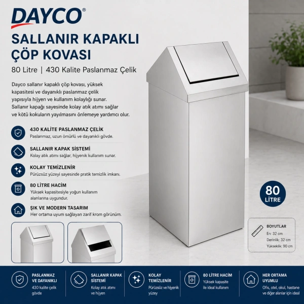 Dayco 430 Kalite Sallanır Kapaklı Çöp Kovası 80 L 32x32x90 cm