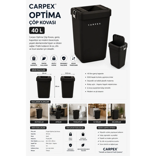 Carpex Optima Siyah Çöp Kovası 40 L 26x33,5x58 cm