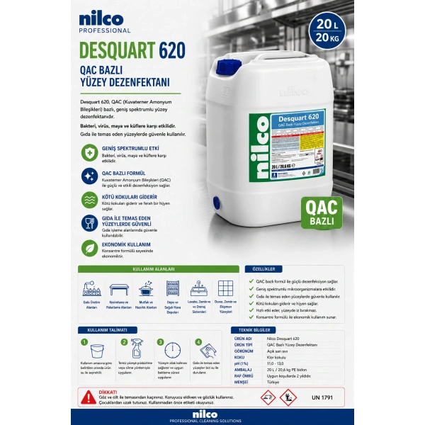 Nilco Desquart 620 20 lt / 20 kg (Qac Bazlı Yüzey Dezenfektanı)