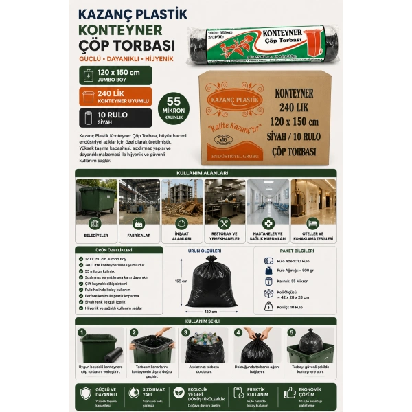 Kazanç Plastik 240lık Konteyner 120x150 cm 10lu 10 Rulo 55 Mikron Siyah