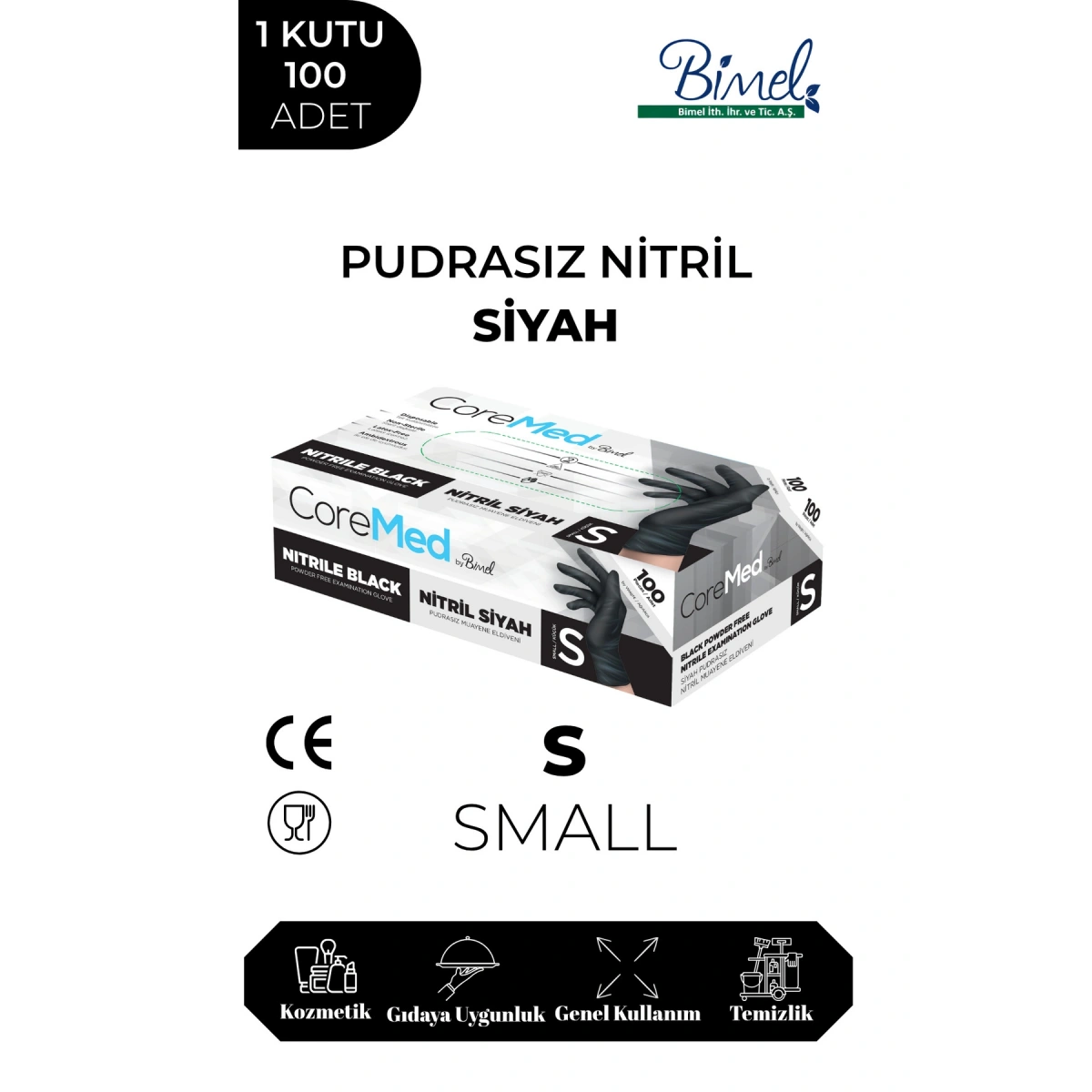 Bimel Siyah Pudrasız Nitril Eldiven S Beden 100lü