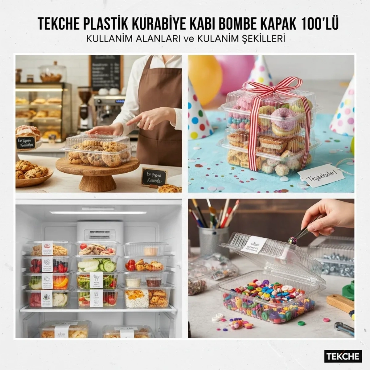 Tekche Plastik Kurabiye Kabı Bombe Kapak 100lü 20*14*8 cm