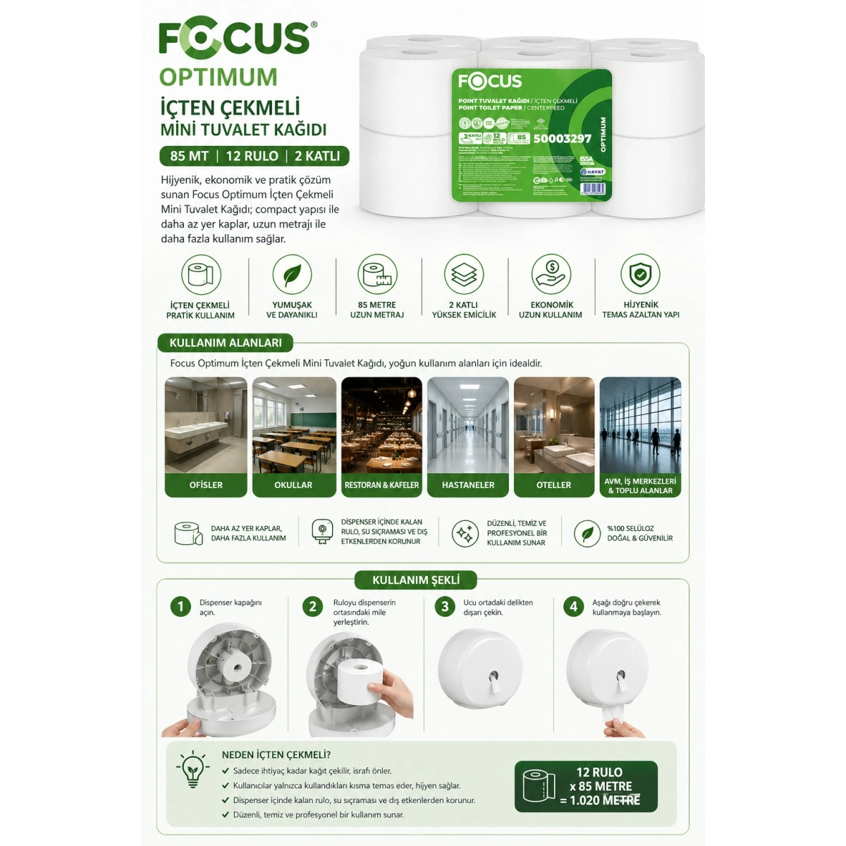 Focus Optimum İçten Çekmeli Mini Tuvalet Kağıdı 85 mt 12 Rulo