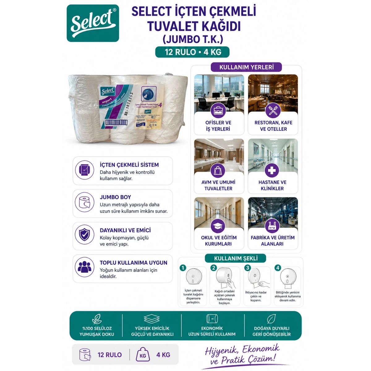 Select İçten Çekmeli Tuvalet Kağıdı (Jumbo T.K.) 12 Rulo 4 Kg