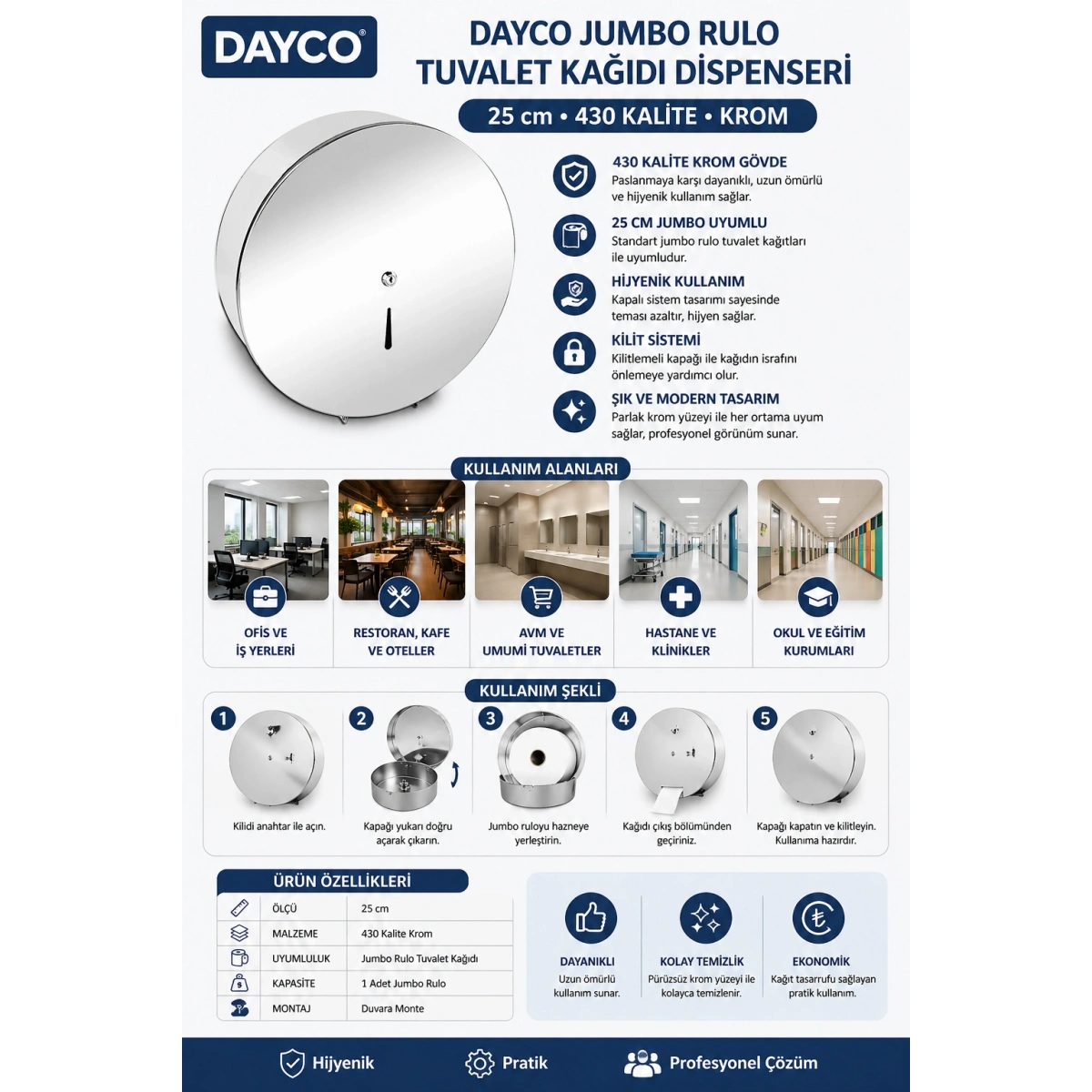 Dayco Jumbo Rulo Tuvalet Kağıdı Dispenseri 25 cm 430 Kalite Krom
