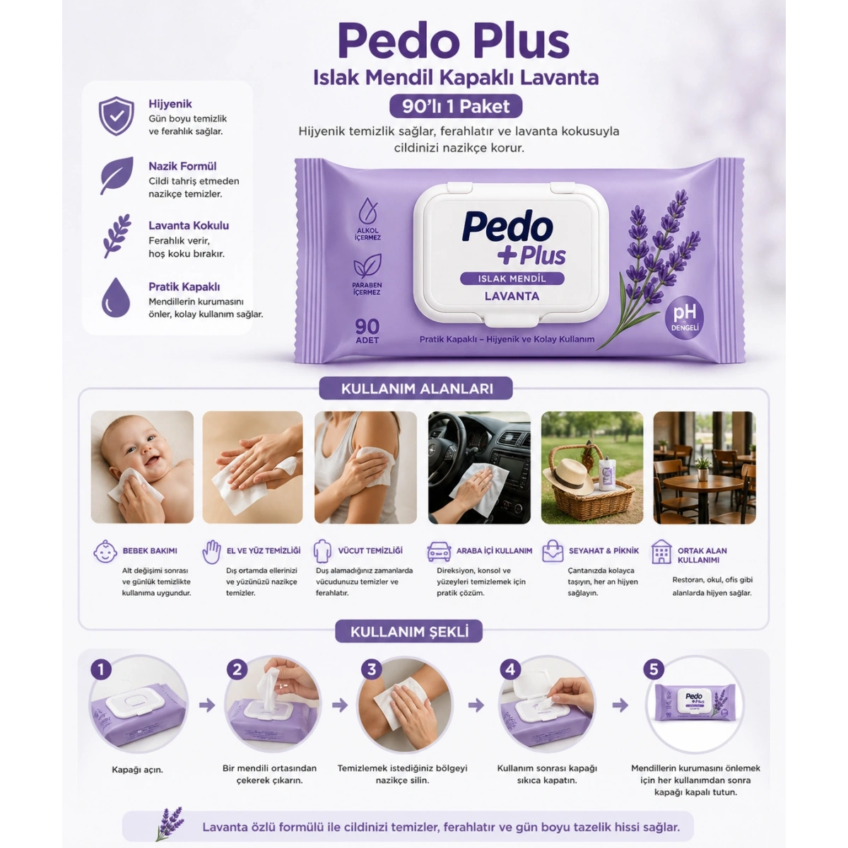 Pedo Plus Islak Mendil Kapaklı Lavanta 90lı 1Paket