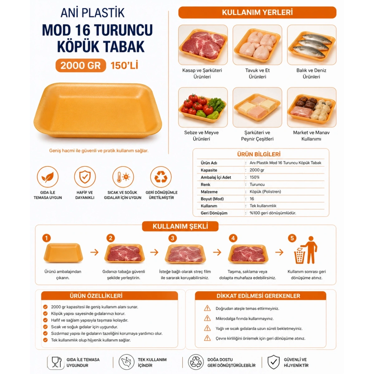 Anı Plastik Mod 16 Turuncu Köpük Tabak 2000 gr 150li