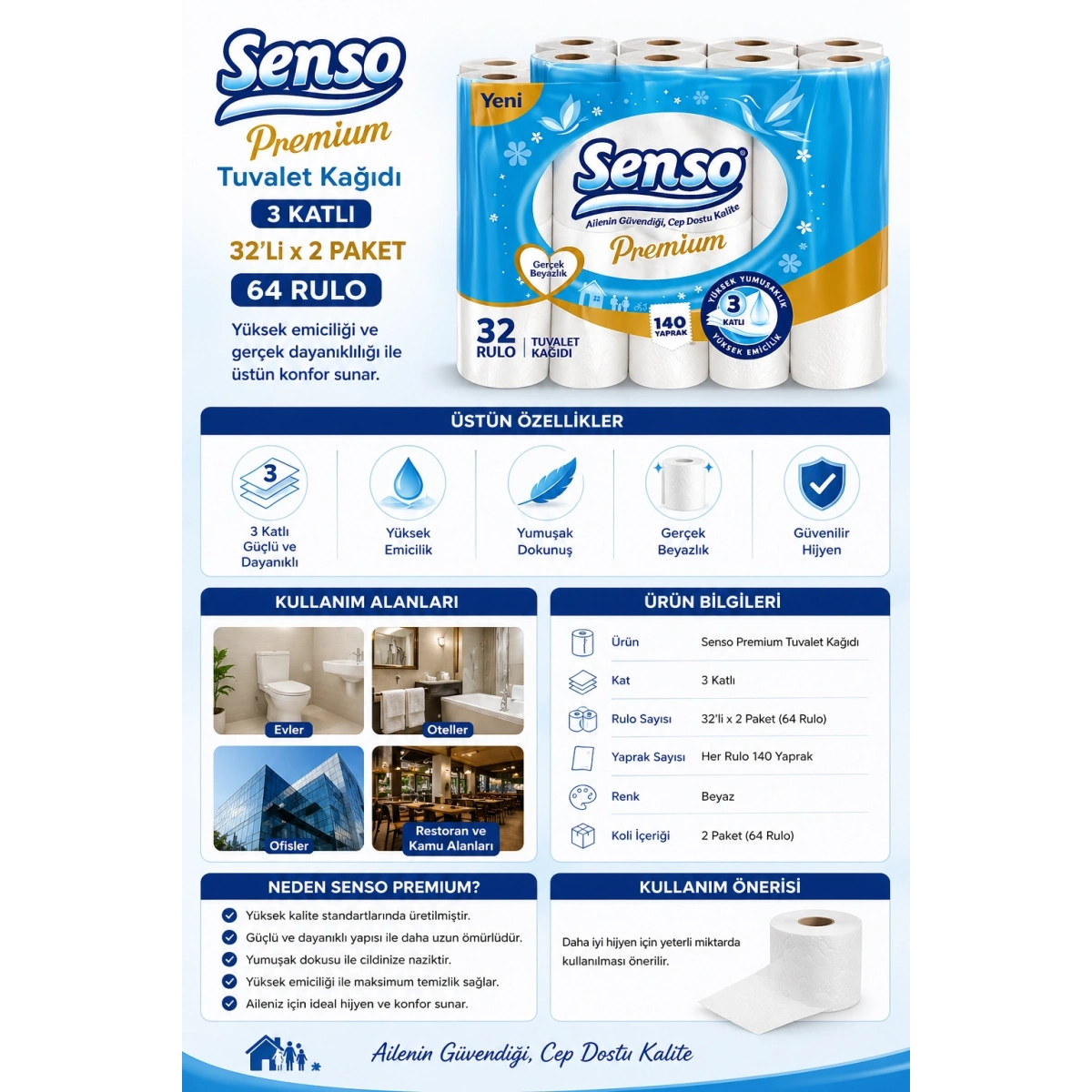 Senso Premium Tuvalet Kağıdı 3 Katlı 32li x 2 Paket 64 Rulo
