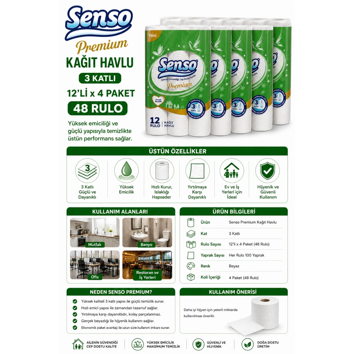 Senso Premium Kağıt Havlu 3 Katlı 12li x 4 Paket 48 Rulo