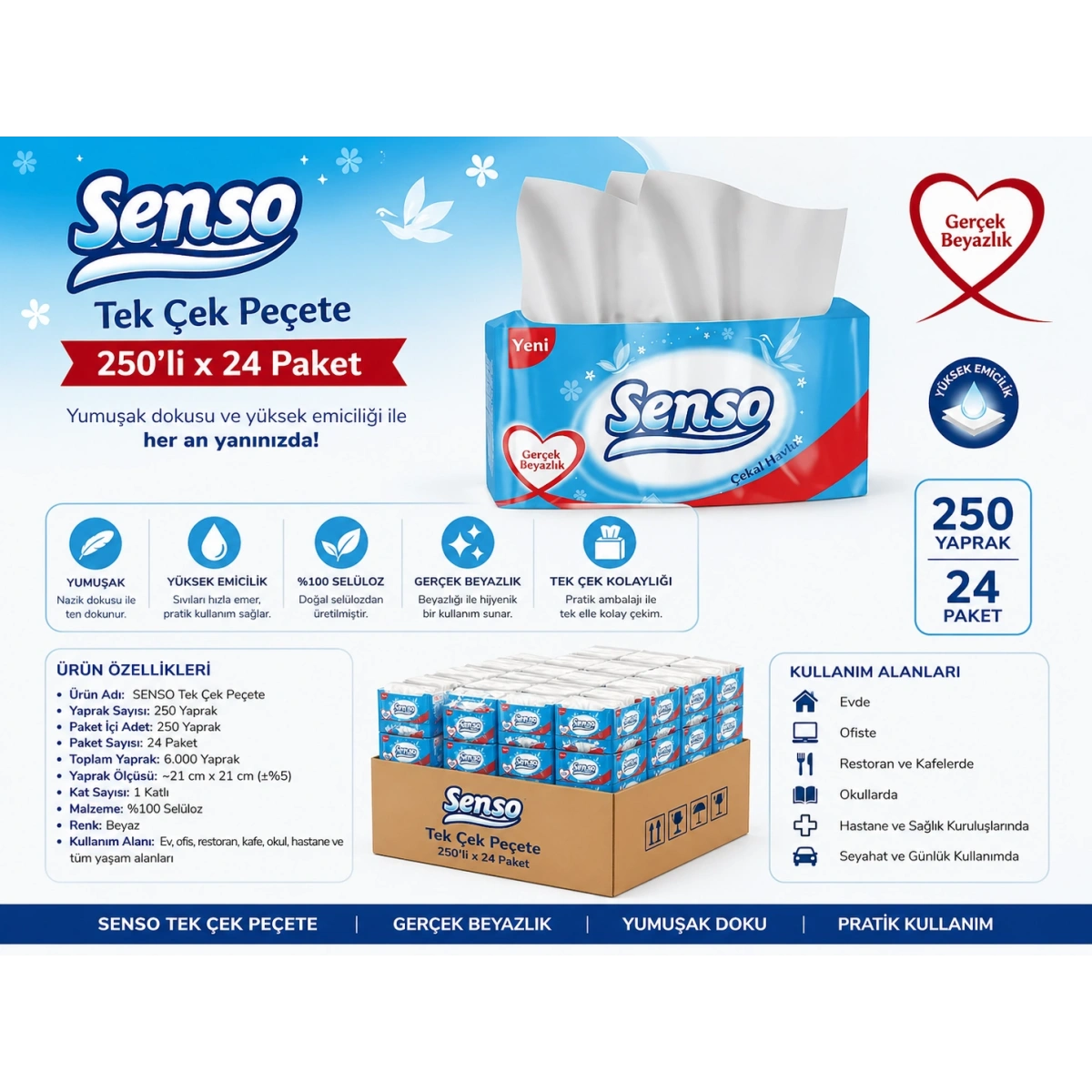 SENSO Tek Çek Peçete 250’li 24 Paket
