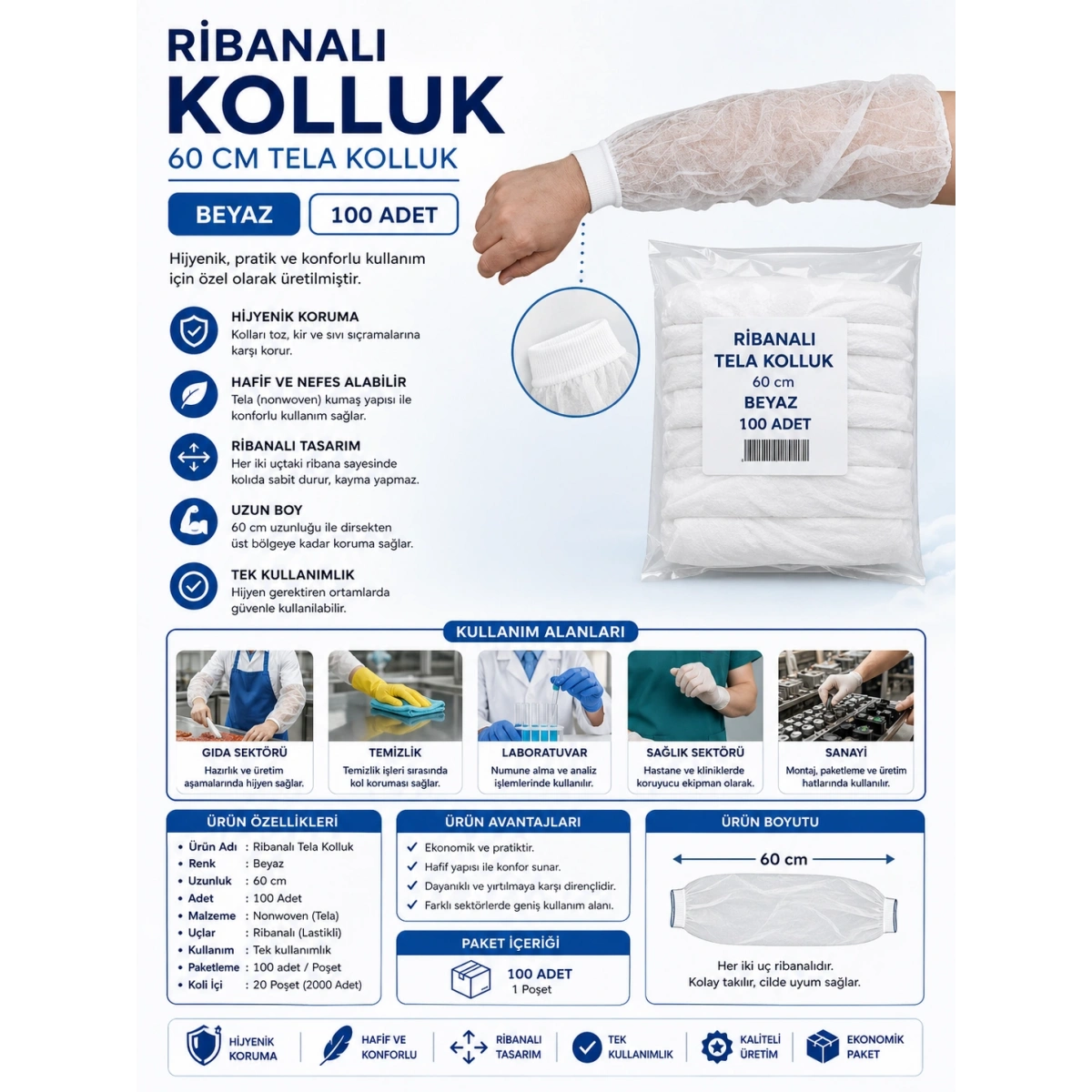 Ribanalı 60 Cm Tela Kolluk Beyaz 100 Adet