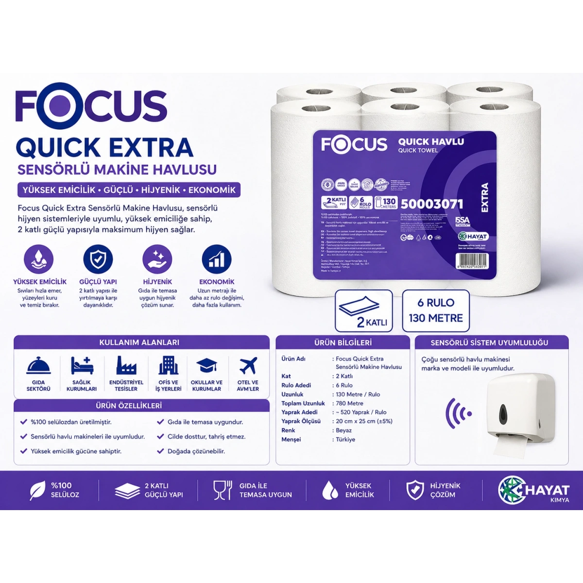 Focus Quick Extra Sensörlü Makine Havlusu 6’lı 130 Mt