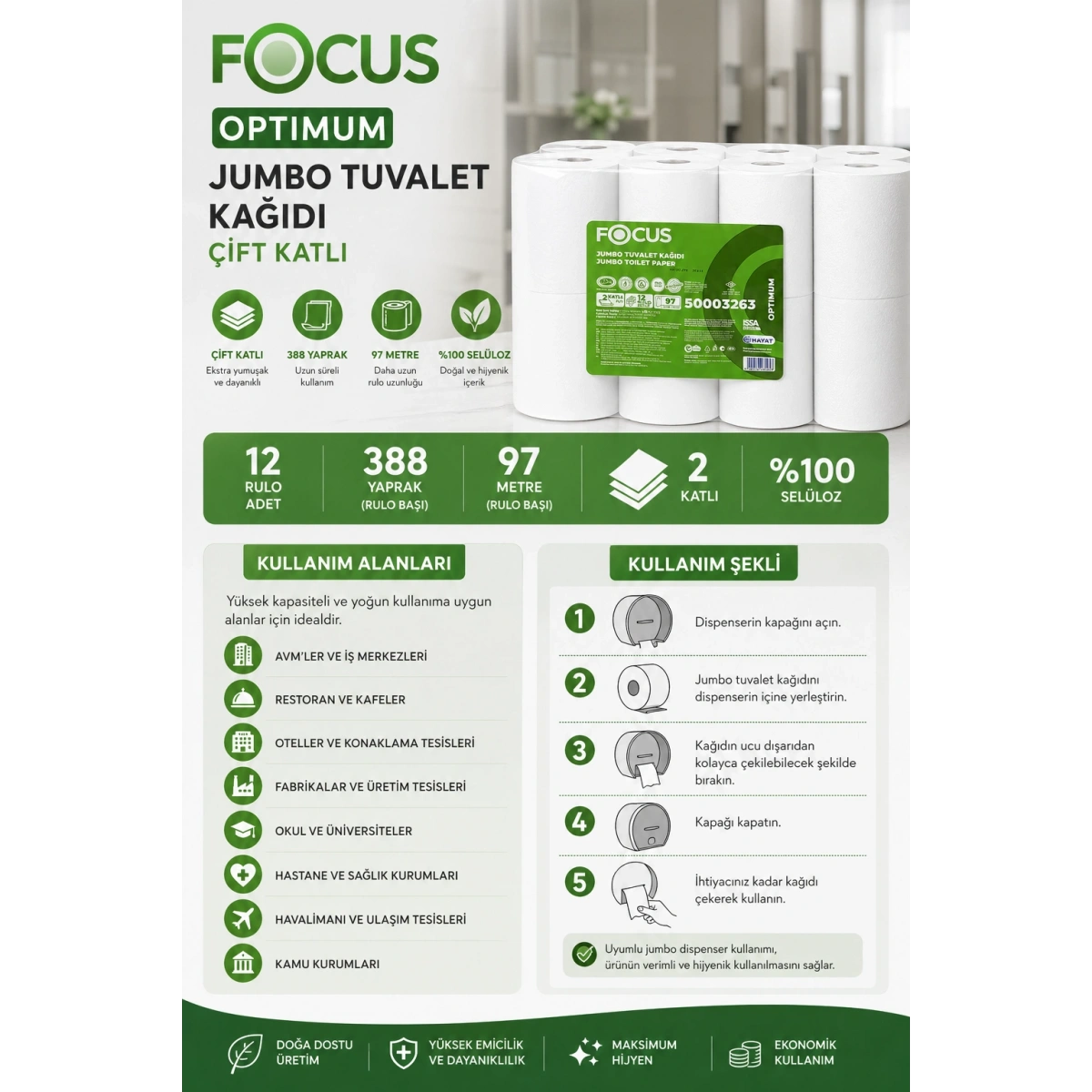 Focus Optimum Jumbo Tuvalet Kağıdı Çift Katlı 388 Yaprak 97 m 12 Adet