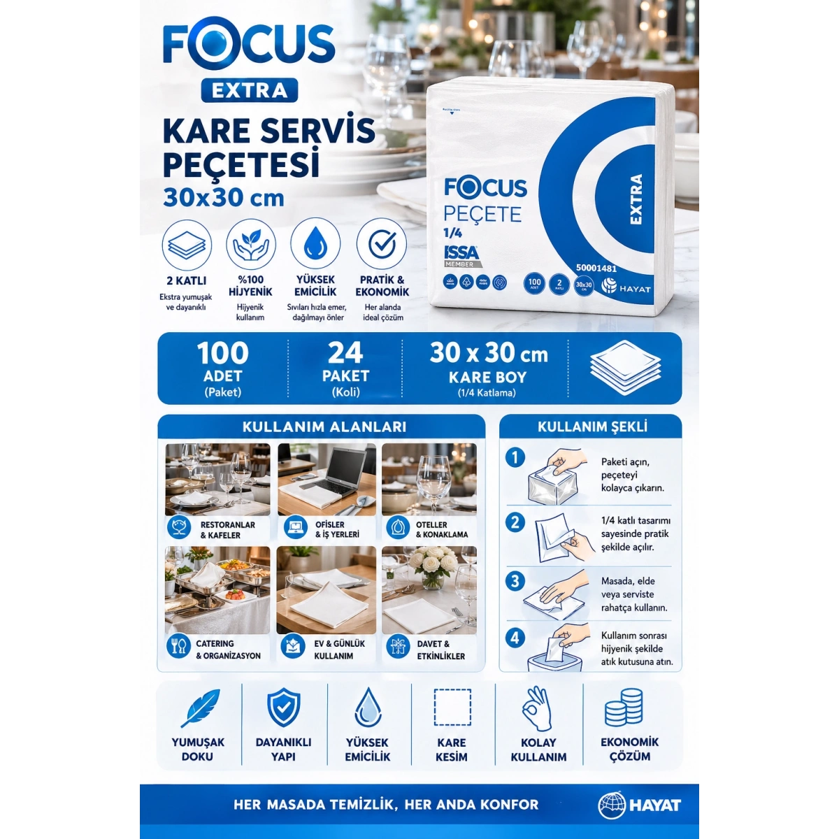 Focus Extra Kare Servis Peçetesi 30x30 cm 100lü 24 Paket